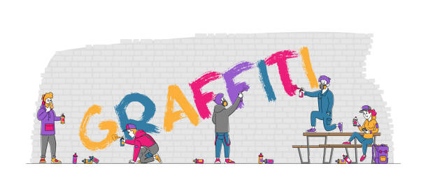 illustrations, cliparts, dessins animés et icônes de graffiti de peinture d’adolescent sur le mur de brique. urban teen lifestyle, young people creative hobby, hommes et femmes peinture dessin - spray paint vandalism symbol paint