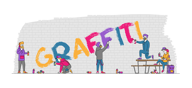 Street Artist Teenager Characters Painting Graffiti on Brick Wall. Urban Teen Lifestyle, Young People Creative Hobby Activity, Men and Women Drawing with Paint Cylinder. Linear Vector Illustration