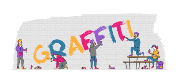 Teenager Painting Graffiti on Brick Wall. Urban Teen Lifestyle, Young People Creative Hobby, Men and Women Paint Drawing Street Artist Teenager Characters Painting Graffiti on Brick Wall. Urban Teen Lifestyle, Young People Creative Hobby Activity, Men and Women Drawing with Paint Cylinder. Linear Vector Illustration mens and womens fashion stock illustrations