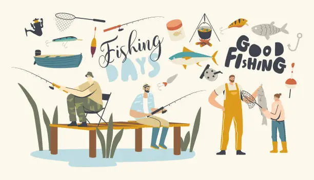 Vector illustration of Fishing Hobby, Fishermen Sit on Pier with Rod Having Good Catch. Father with Daughter on Lake or River Catching Fish