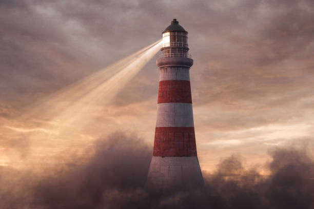 istock 3d rendering of an illuminated lighthouse over fluffy clouds in the beautiful sunset 1263447350