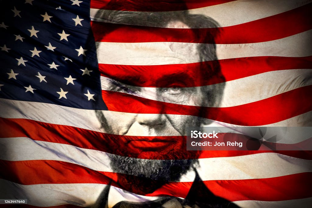 American flag superimposed over portrait of Abraham Lincoln Portrait of United States 16th president, Abraham Lincoln, double exposed with American flag, composite image, antique, old, retro, grunge, historic, leader, great emancipator, civil war photos, freedom, independence, liberty Abraham Lincoln Stock Photo