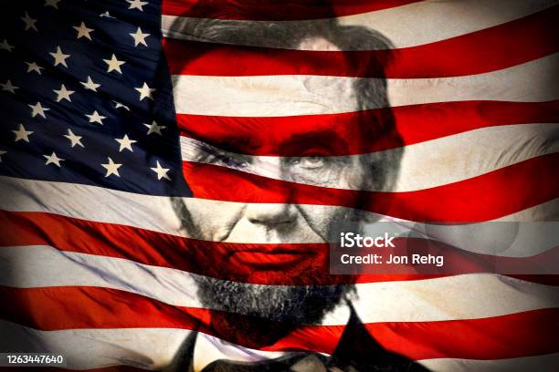American Flag Superimposed Over Portrait Of Abraham Lincoln Stock Photo - Download Image Now