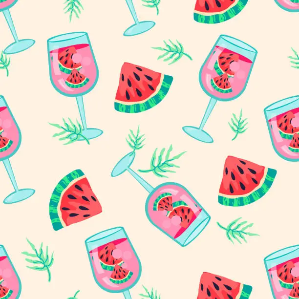Vector illustration of Summer seamless pattern with watermelon and fruit cocktail, vector illustration.