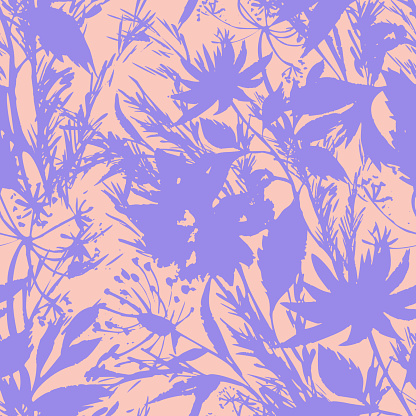 Bright summer floral background. Silhouettes of garden flowers in bloom mixed with herbs, leaves and meadow plants. Trendy modern style. Flat design. Good for fabric and textile, any coverage.