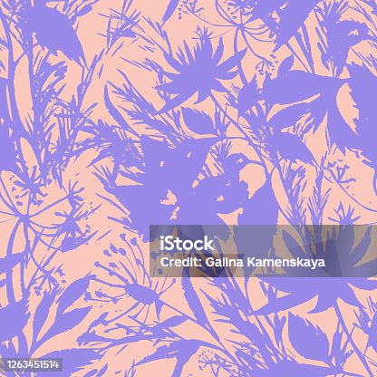 istock Bright summer floral background. Silhouettes of garden flowers in bloom mixed with herbs, leaves and meadow plants. Trendy modern style. Flat design. Good for fabric and textile, any coverage. 1263451514