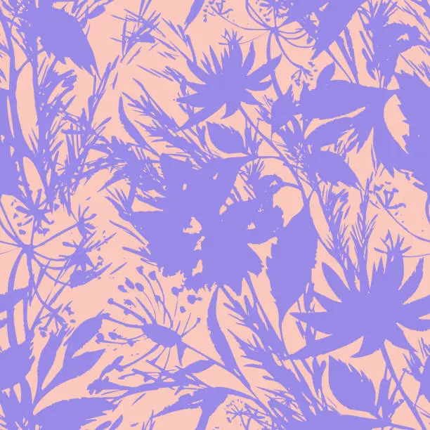 Vector illustration of Bright summer floral background. Silhouettes of garden flowers in bloom mixed with herbs, leaves and meadow plants. Trendy modern style. Flat design. Good for fabric and textile, any coverage.