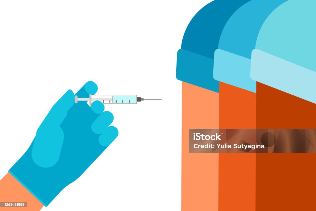 백신 및 주사기 주입. 주사기로 의사의 손. 바이러스 감염으로부터 예방, 예방 접종 및 치료를위한 사람들의 예방 접종. 의학, 독감 주사, 바늘로 혈액 검사. 벡터 - 로열티 프리 백신접종 벡터 아트