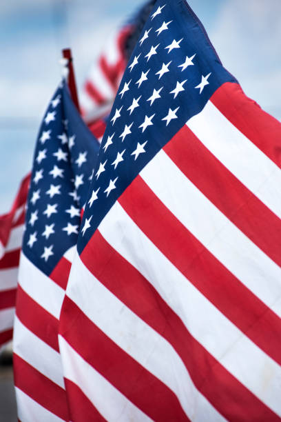 istock Multiple American flags blowing in wind outdoors 1263451653