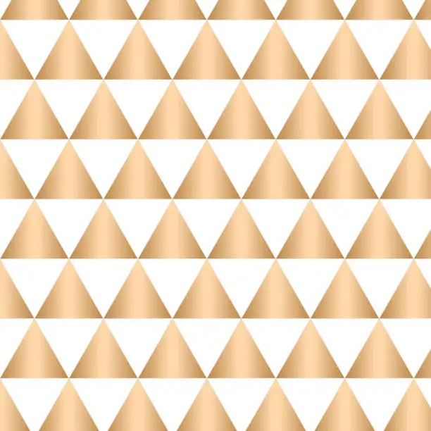 Vector illustration of Evenly spaced, equally sized, triangle based pattern with golden 3d reflection. Pattern background illustration. On white.