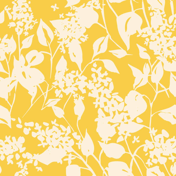 プレーンな花の絵。ヴィンテージスタイルで咲くライラックの花のシルエット。春の花で作られたエレガントなシームレスな植物パターン。繊維、ファブリック、壁紙、表面デザインのため� - 黄色 イラスト点のイラスト素材／クリップアート素材／マンガ素材／アイコン素材
