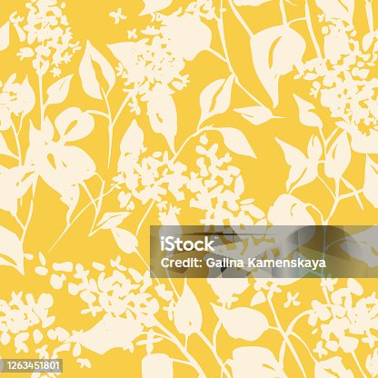 istock Plain floral drawing. Silhouettes of blooming lilac flowers in vintage style. Elegant seamless botanical pattern made of spring flowers. Nature ornament for textile, fabric, wallpaper, surface design. 1263451801