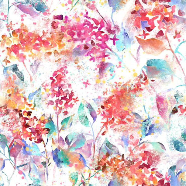 istock Watercolor floral seamless pattern with blurred lilac flowers. Colorful nature background made of meadow flowers with stains and splashes of paint, grunge texture. Spring blooming. Trendy mixed design. 1263452389