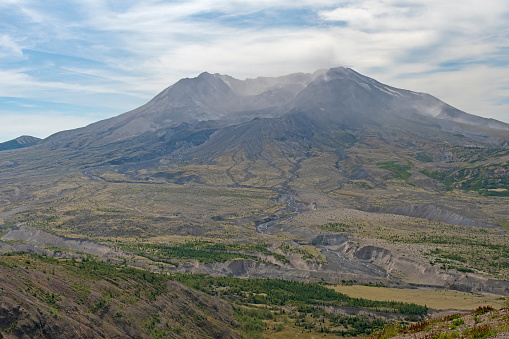 Mt St Helens in morning Haze in Mount St Helens Volcanic National Monument in Washington