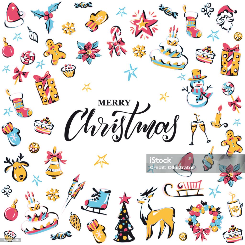 Merry Christmas frame Hand drawn set of colored vector winter elements with lettering "merry christmas" in the middle. Christmas stock vector