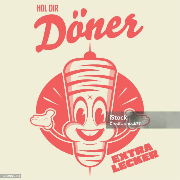 Funny Kebap Doner Cartoon Logo With German Text Which Means Get Doner Extra Delicious Stock Illustration - Download Image Now