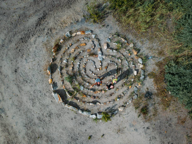 istock Spiral labyrinth made of stones, top view from drone 1263455165