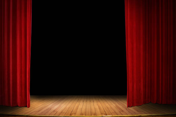 red stage curtain opening close up red stage curtain opening over wooden floor stage closing photos stock pictures, royalty-free photos & images