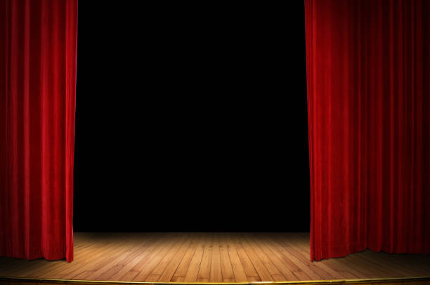 red stage curtain opening close up red stage curtain opening over wooden floor stage stage curtain up stock pictures, royalty-free photos & images