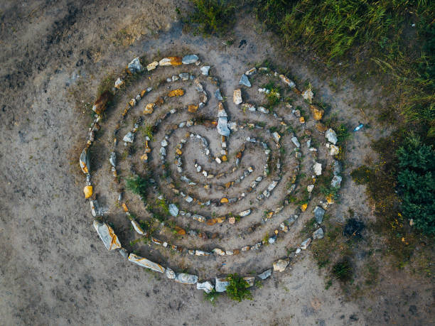 istock Spiral labyrinth made of stones, top view from drone 1263457359