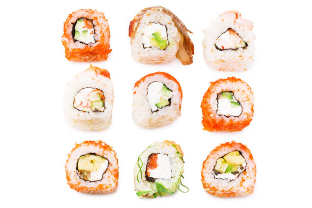 istock diverse delicious sushi roll set on white background. Top view 1263459285