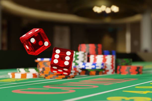 istock Close up of dice rolling on a craps table. Gambling concept. 3d illustration. 1263460839