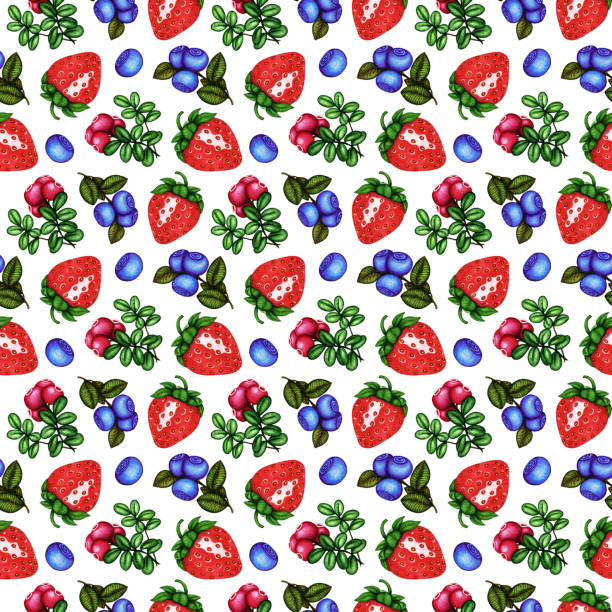 bezszwowy wzór akwarela z jagodami leśnymi i ogrodowymi - truskawką, borówką i jagodą. ręcznie rysowane tło, nadruk do projektowania - berry fruit blueberry floral pattern strawberry stock illustrations