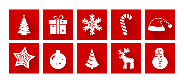 Christmas cartoon icons. New Year. Holiday decotarion set, red and white colors. Vector illustration