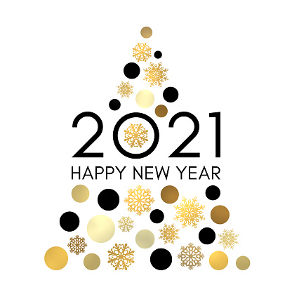 Happy New Year 2021. Abstract Christmas tree with gold and black circles snowflakes isolated on white background. Shining New Year greeting card calendar design with text. Golden vector illustration.
