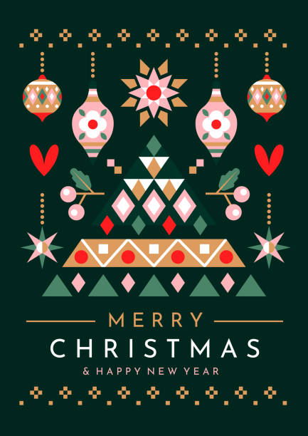 Festive Christmas tree and ornaments greeting card Festive Christmas tree and ornaments greeting card design for the holiday season over text, colored vector illustration tradition illustrations stock illustrations