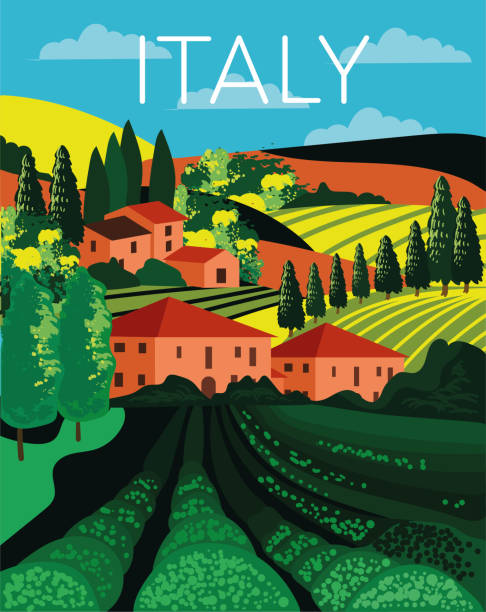 Italian country landscape in rolling hills Italian country landscape in rolling hills with farm fields filled with green crops and red roofed farm buildings amongst cypress trees, colored vector illustration postcard illustrations stock illustrations