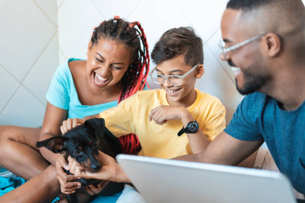 familia divirtiéndose con su mascota - jpg fotografías e imágenes de stock