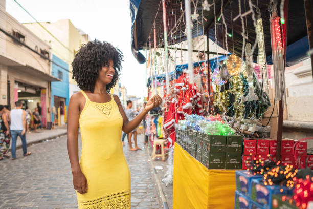 Afro woman, Smiling, Market, City, Day