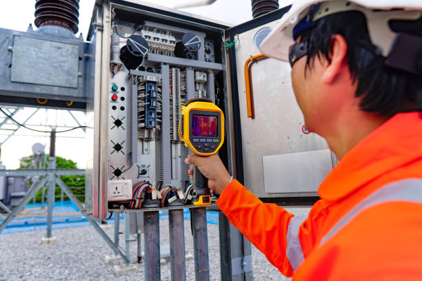 Electrical engineers used a thermometer to check for faults in equipment sets, Also known as preventive maintenance to reduce the damage of equipment, Concept to professional engineer on industrial stock photo