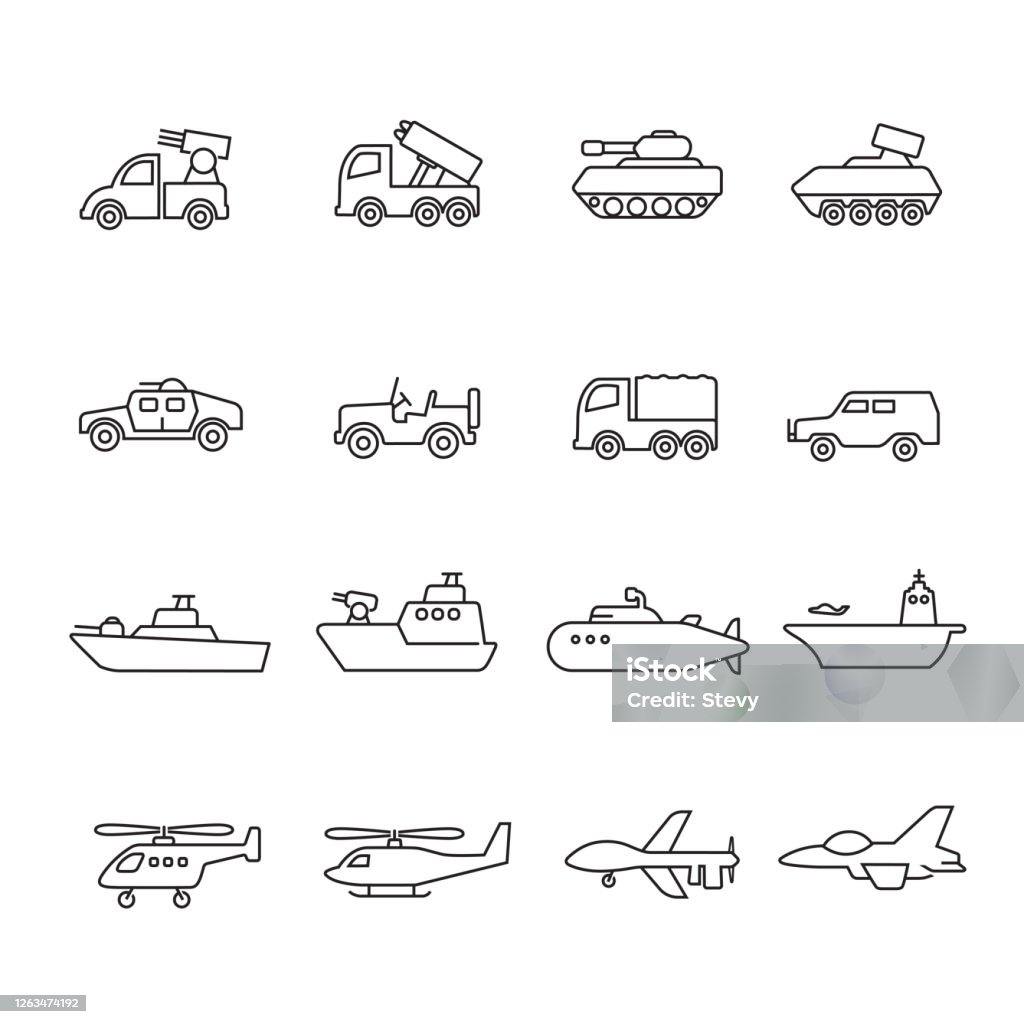 military vehicles icon military vehicles outline icon, set of 16 editable filled, simple clearly defined shapes in one color. Icon Symbol stock vector