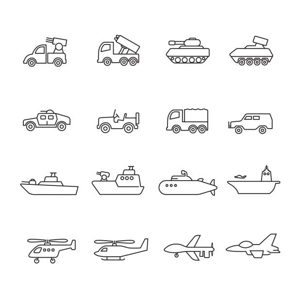 military vehicles icon military vehicles outline icon, set of 16 editable filled, simple clearly defined shapes in one color. armored tank stock illustrations