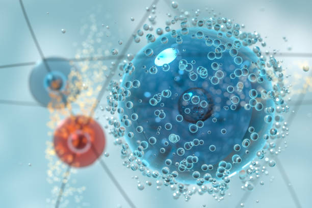 esferas atômicas com fundo orgânico azul, renderização 3d. - abstract chemical science electronics industry - fotografias e filmes do acervo