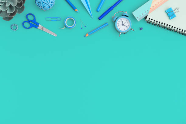istock School stationery on a blue background. Back to school creative illustration, template. 1263476689