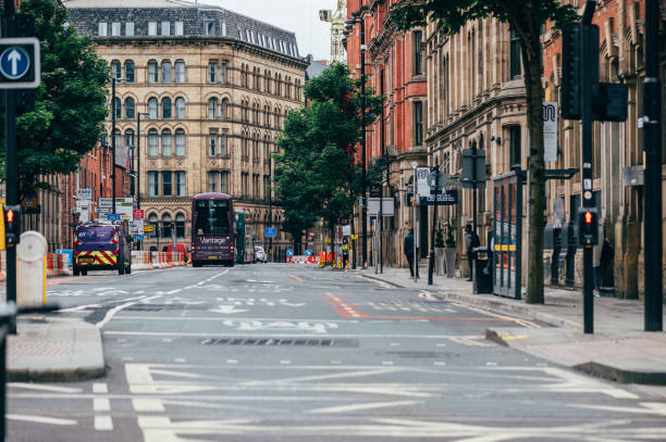 MANCHESTER, ENGLAND, UK - 24 JULY, 2020 City centre of Manchester, almost empty streets due to recent lockdown