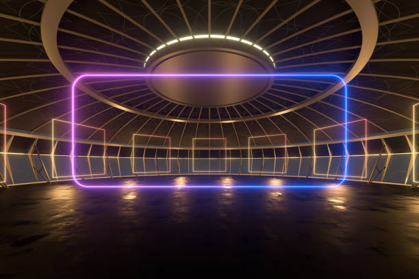 istock Round dark room with golden glowing frame inside, 3d rendering. 1263480680