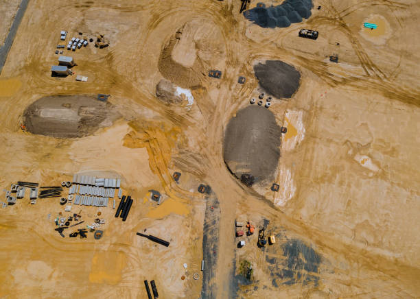 istock Land prepared for development in the preparation work for new construction on aerial view 1263481252