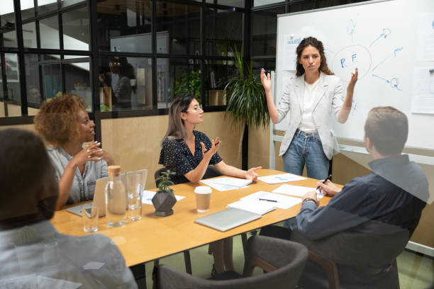 istock Businesswoman team leader explaining strategy, making flip chart presentation 1263482064