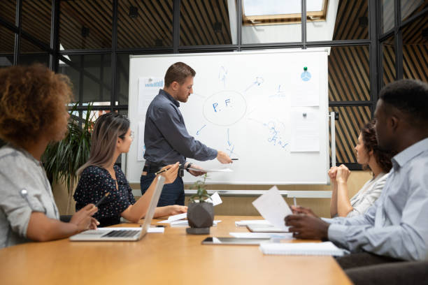 istock Businessman mentor presenting marketing plan on flip chart at meeting 1263482067