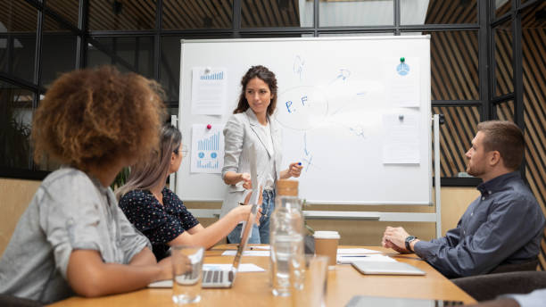 istock Confident businesswoman presenting marketing plan on flip chart 1263482071