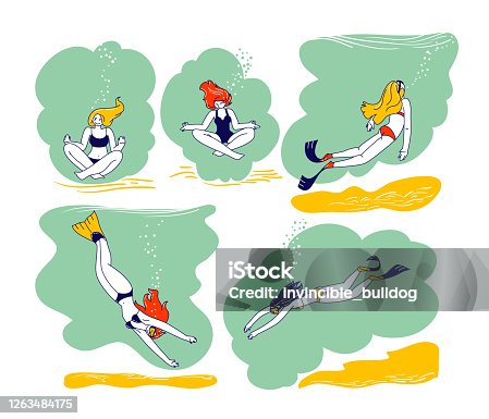 istock Women Freediving Hobby. Snorkeling Female Characters Underwater Activities, Free Diving, Swimming with Mask and Flippers 1263484175