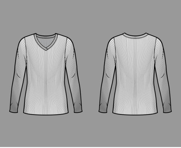 istock Ribbed V-neck knit sweater technical fashion illustration with long sleeves, oversized body, tunic length 1263485553