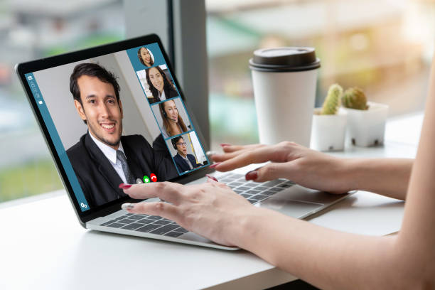 istock Video call business people meeting on virtual workplace or remote office 1263487489