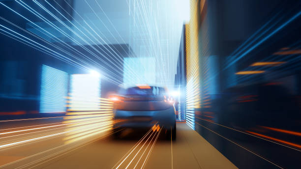 istock Generic speeding car in futuristic city 1263489065