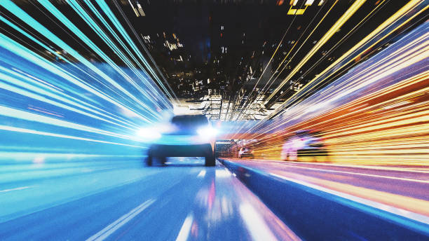 istock Generic speeding car in futuristic city 1263489138