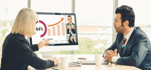 istock Video call group business people meeting on virtual workplace or remote office 1263491259